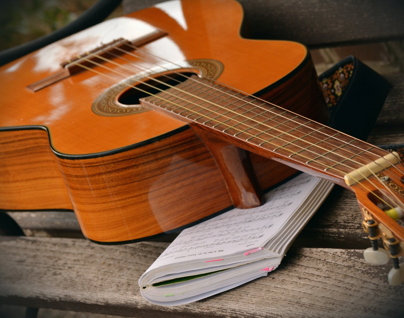 brown acoustic guitar on white music note book